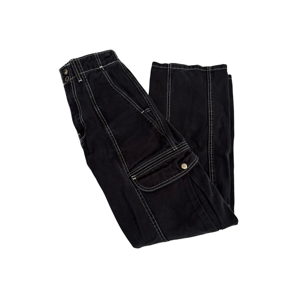 BDG Urban Outfitters Y2K Black Cargo Pants Contrast Stitch Wide Leg Utility 25 - Picture 4 of 9